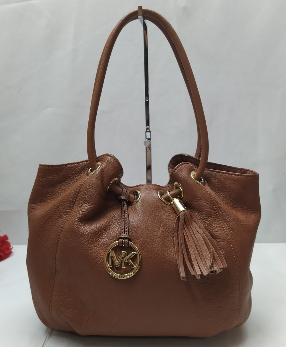 Michael Kors Brown Pebbled Leather Drawstring Tassel Shoulder Bag